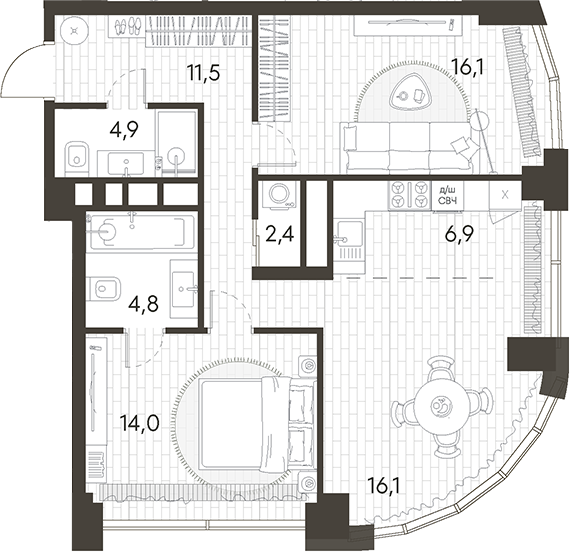 Планировка — Родина Парк, 3-комн., 77 м²