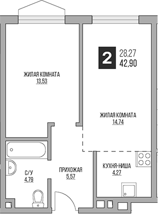 Планировка — Гранель Коломенское, 2-комн., 43 м²
