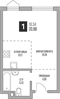 Планировка — Гранель Коломенское, Студия, 34 м²