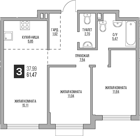 Планировка — Гранель Коломенское, 3-комн., 61 м²