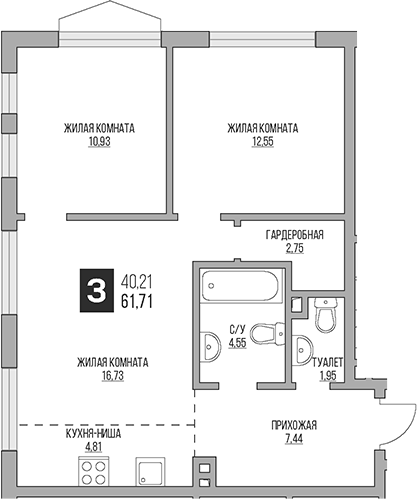Планировка — Гранель Коломенское, 3-комн., 62 м²