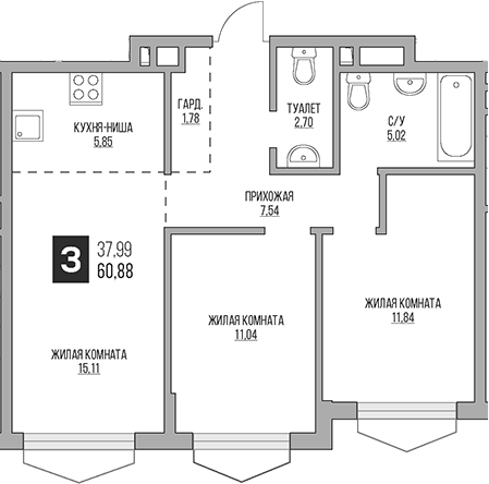 Планировка — Гранель Коломенское, 3-комн., 61 м²