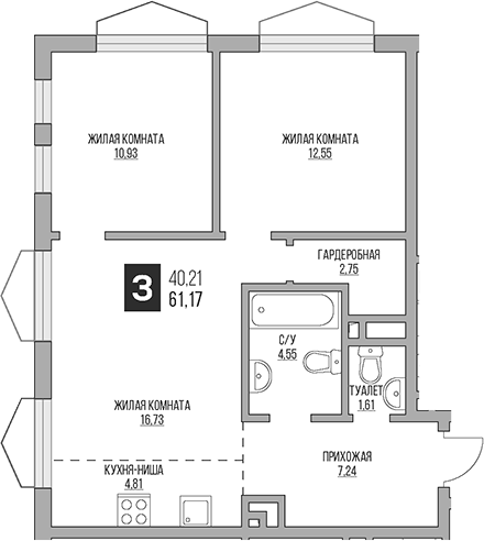 Планировка — Гранель Коломенское, 3-комн., 61 м²