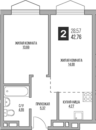 Планировка — Гранель Коломенское, 2-комн., 43 м²