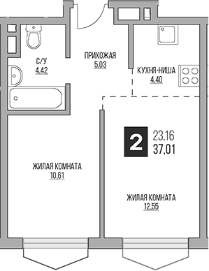 Планировка — Гранель Коломенское, 2-комн., 37 м²