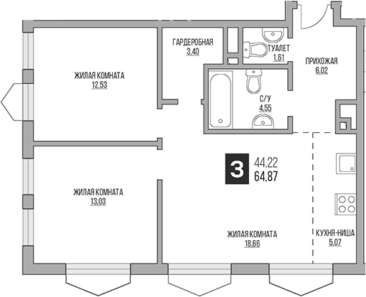 Планировка — Гранель Коломенское, 3-комн., 65 м²