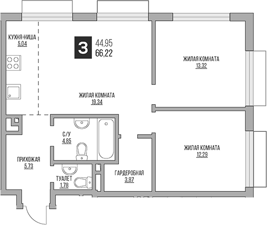 Планировка — Гранель Коломенское, 3-комн., 66 м²