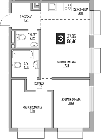 Планировка — Гранель Коломенское, 3-комн., 56 м²