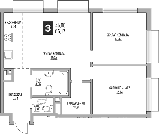 Планировка — Гранель Коломенское, 3-комн., 66 м²