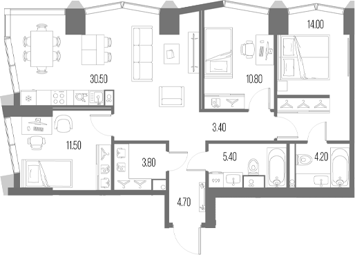 Планировка — Северный Порт, 4-комн., 88 м²