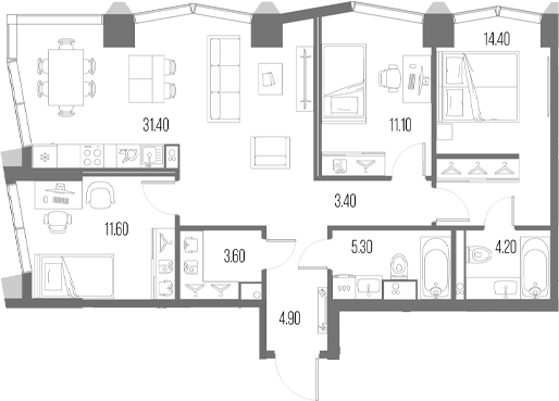 Планировка — Северный Порт, 4-комн., 90 м²
