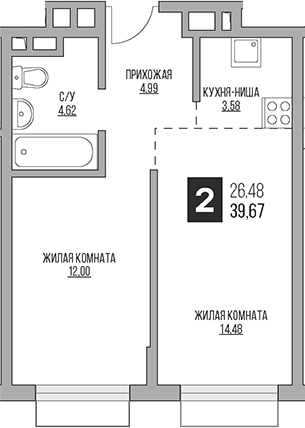 Планировка — Гранель Коломенское, 2-комн., 40 м²