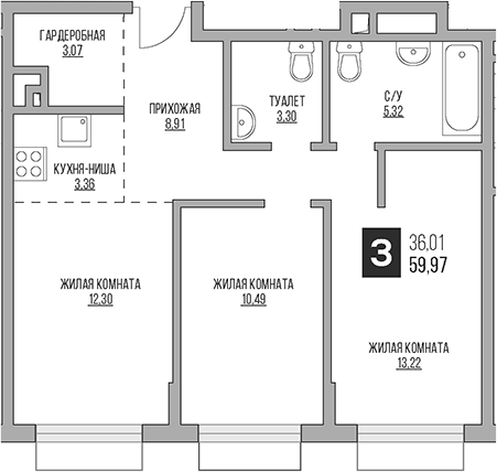 Планировка — Гранель Коломенское, 3-комн., 60 м²