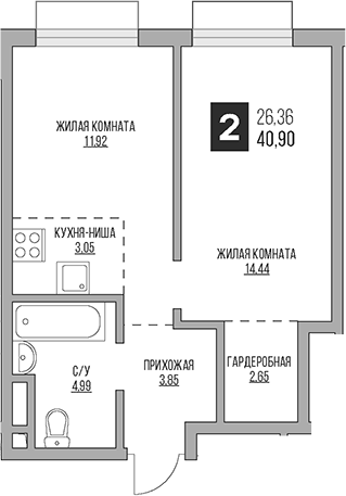 Планировка — Гранель Коломенское, 2-комн., 41 м²