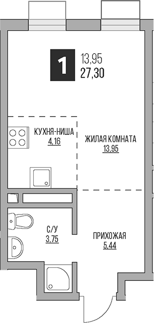 Планировка — Гранель Коломенское, Студия, 27 м²
