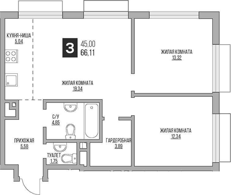 Планировка — Гранель Коломенское, 3-комн., 66 м²