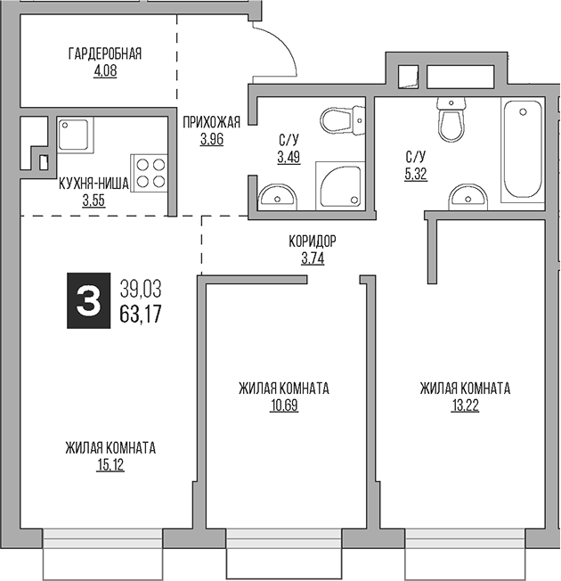 Планировка — Гранель Коломенское, 3-комн., 63 м²