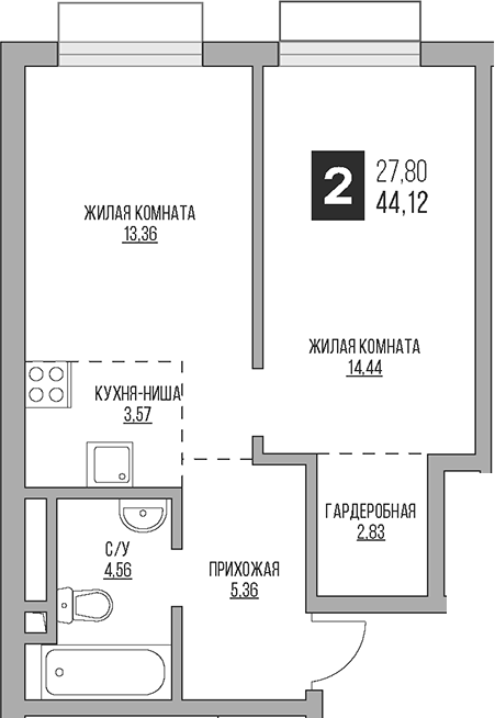Планировка — Гранель Коломенское, 2-комн., 44 м²