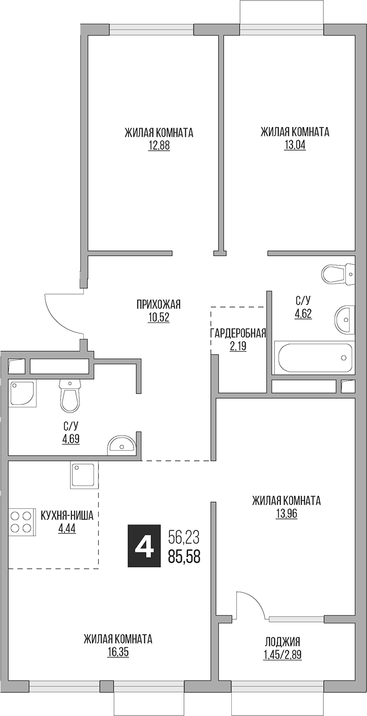 Планировка — Гранель Коломенское, 4-комн., 83 м²