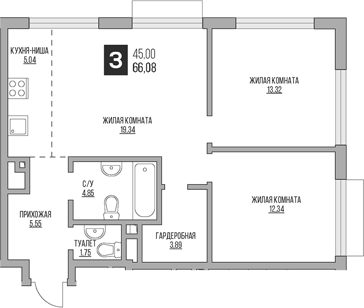 Планировка — Гранель Коломенское, 3-комн., 66 м²