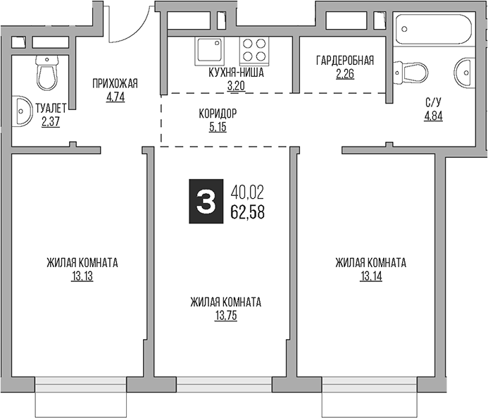 Планировка — Гранель Коломенское, 3-комн., 63 м²