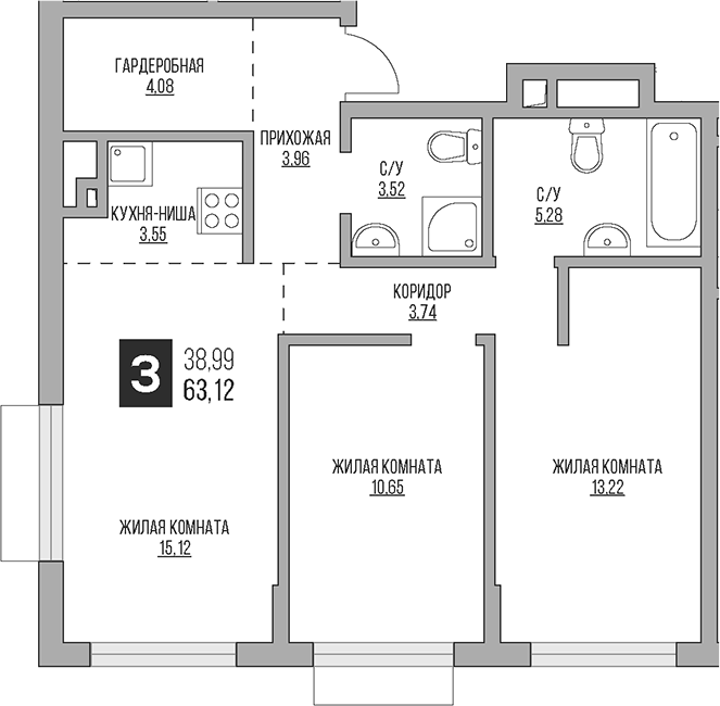 Планировка — Гранель Коломенское, 3-комн., 63 м²