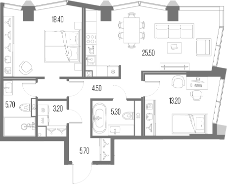 Планировка — Северный Порт, 3-комн., 82 м²