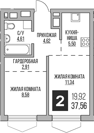 Планировка — Гранель Коломенское, 2-комн., 38 м²
