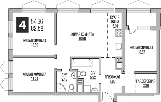 Планировка — Гранель Коломенское, 4-комн., 80 м²