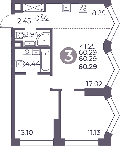 Планировка — Мневники от Гранель, 3-комн., 60 м²