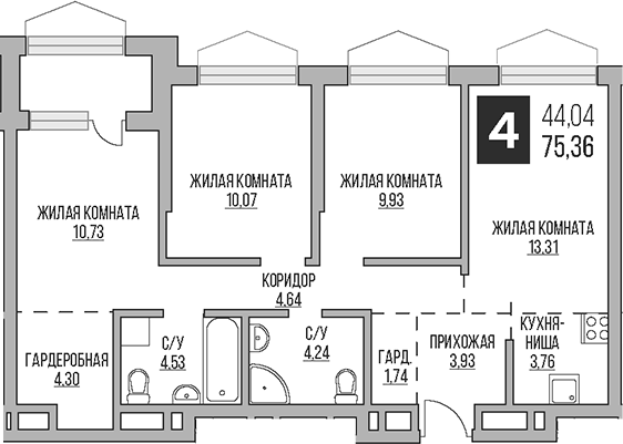 Планировка — Гранель Коломенское, 4-комн., 71 м²