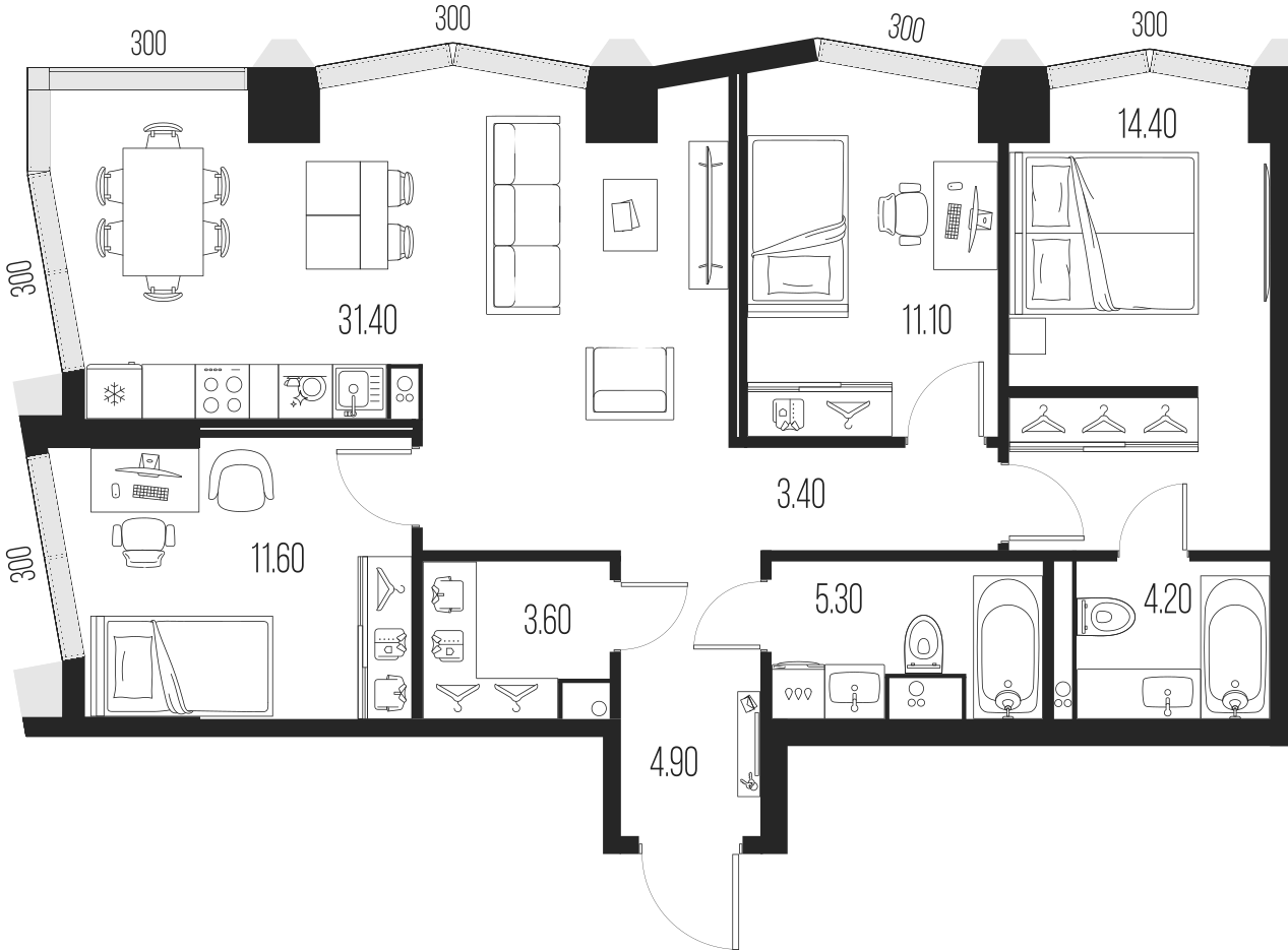 Планировка — Северный Порт, 4-комн., 90 м²