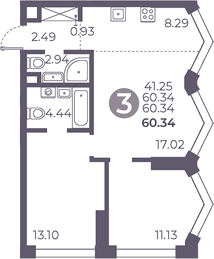 Планировка — Мневники от Гранель, 3-комн., 60 м²