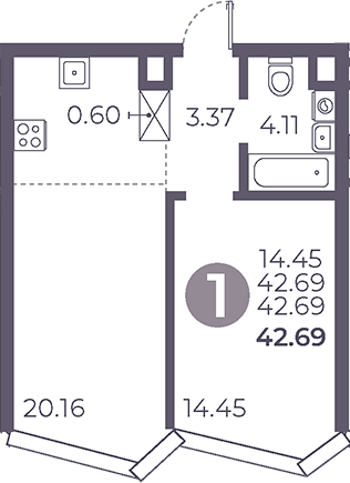 Планировка — Мневники от Гранель, 2-комн., 43 м²