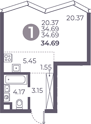 Планировка — Мневники от Гранель, Студия, 35 м²