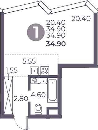 Планировка — Мневники от Гранель, Студия, 35 м²