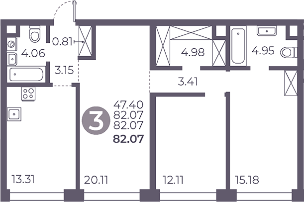Планировка — Мневники от Гранель, 3-комн., 82 м²