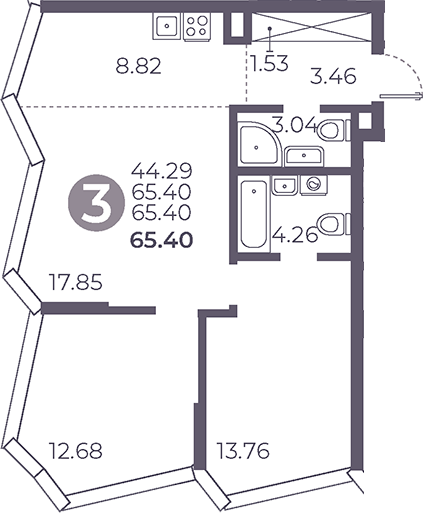 Планировка — Мневники от Гранель, 3-комн., 65 м²
