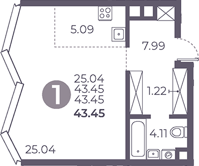 Планировка — Мневники от Гранель, Студия, 43 м²