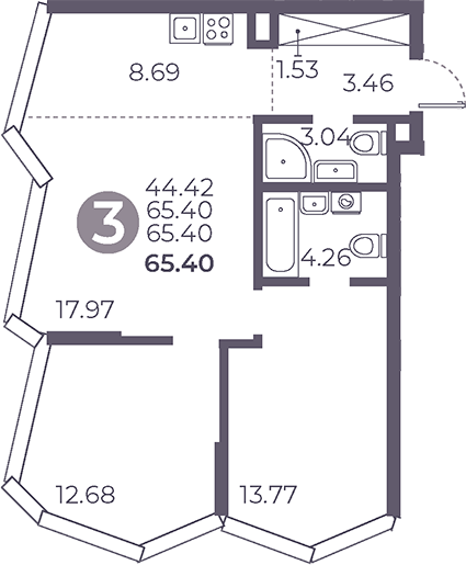 Планировка — Мневники от Гранель, 3-комн., 65 м²