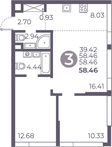 Планировка — Мневники от Гранель, 3-комн., 58 м²