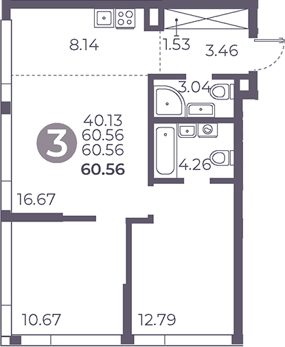 Планировка — Мневники от Гранель, 3-комн., 61 м²