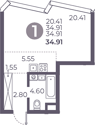 Планировка — Мневники от Гранель, Студия, 35 м²