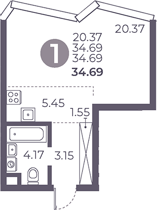 Планировка — Мневники от Гранель, Студия, 35 м²
