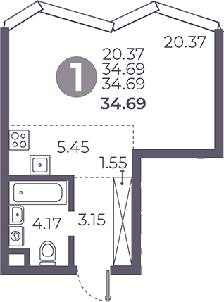 Планировка — Мневники от Гранель, Студия, 35 м²