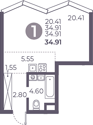 Планировка — Мневники от Гранель, Студия, 35 м²