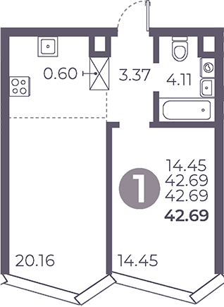 Планировка — Мневники от Гранель, 2-комн., 43 м²