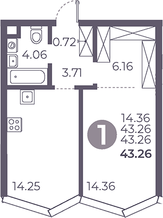 Планировка — Мневники от Гранель, 1-комн., 43 м²