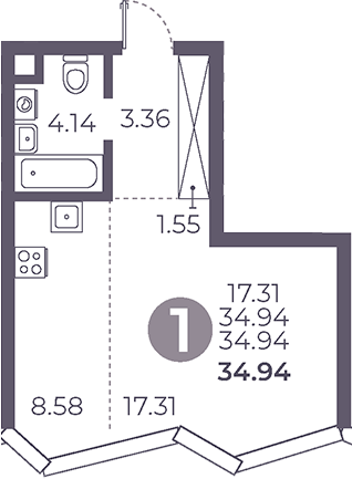 Планировка — Мневники от Гранель, Студия, 35 м²