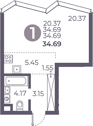 Планировка — Мневники от Гранель, Студия, 35 м²